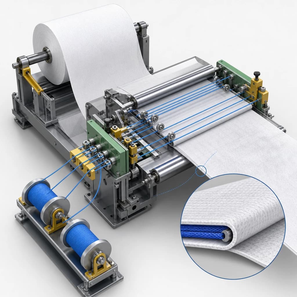 Generated split/cutaway of poly roll, flap web, and elastic threads guided into a folded edge