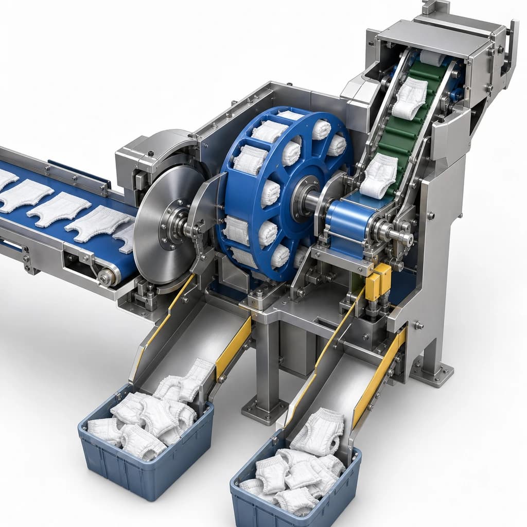 Generated split/cutaway of press belt, final cutoff, product rotor, aperture module, and reject chutes