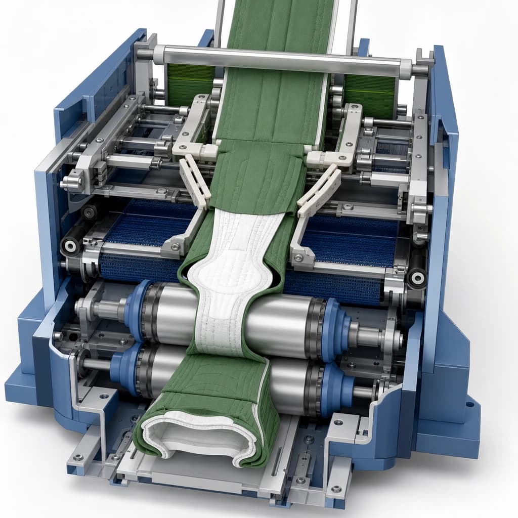 Generated split/cutaway of panel addition, tucker fingers, folding rails, twist belt, and bonding rollers