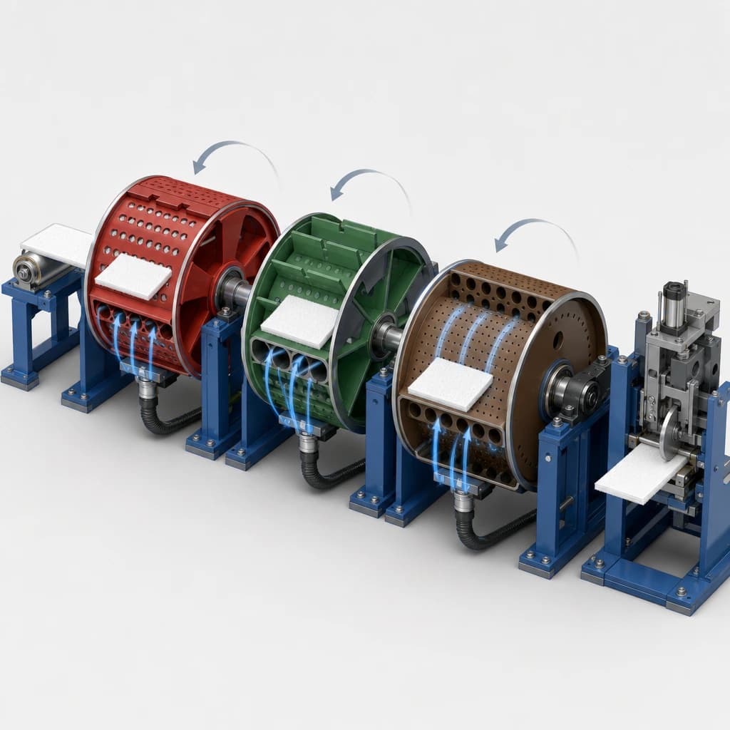 Generated split/cutaway of insert cutoff, transfer drum, rotor, re-pitch drum, and exit roller