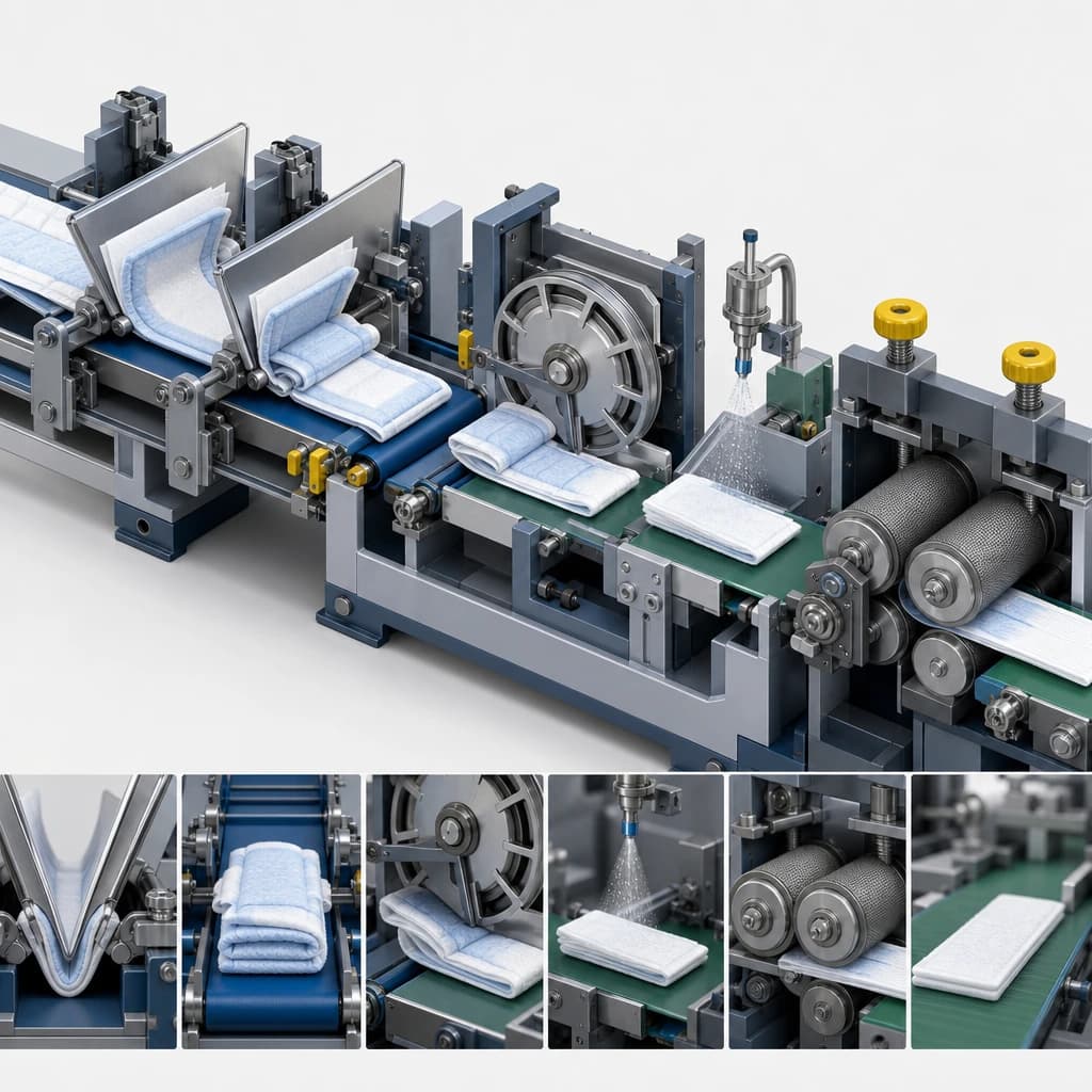 Generated split/cutaway of pad folding, spacing, cutting, perfume input, and debulking rollers