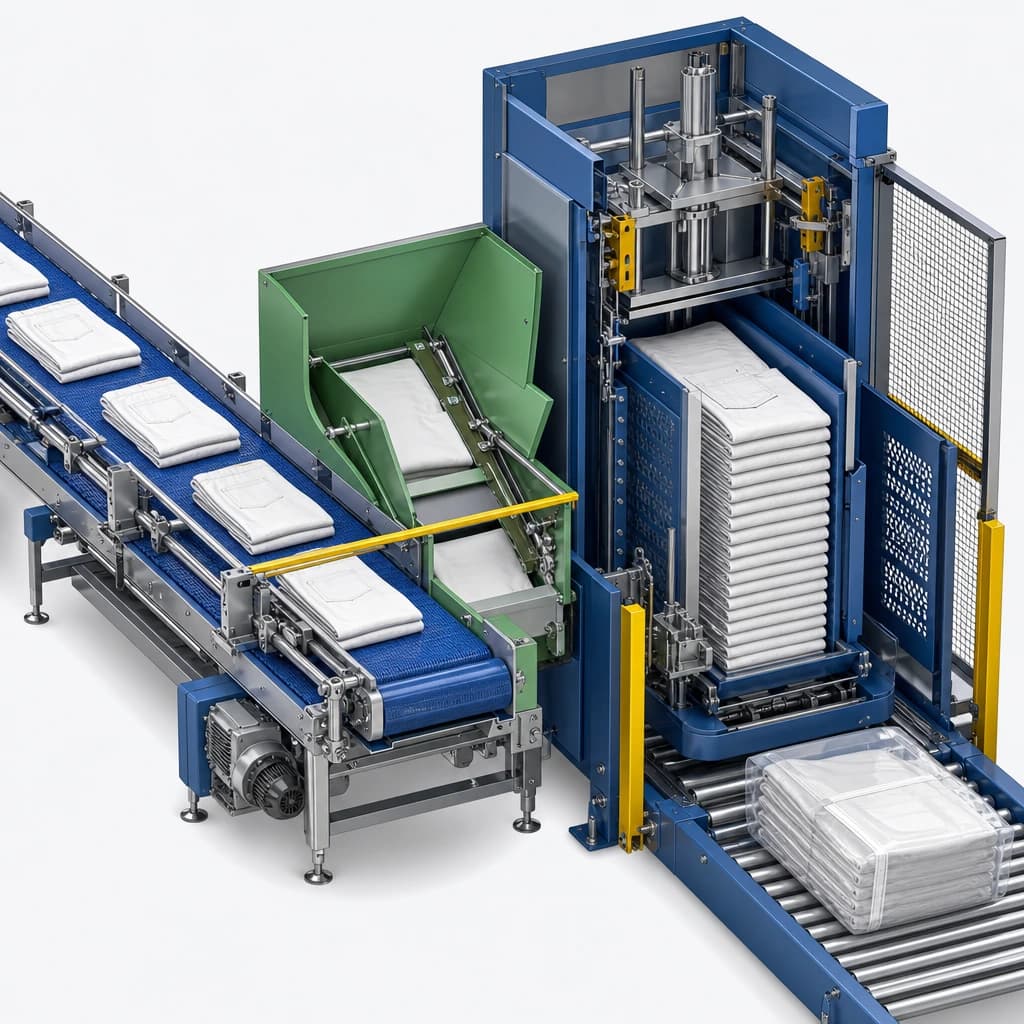 Generated split/cutaway of finished pant products traveling through bulk pack conveyor into a stacker cassette