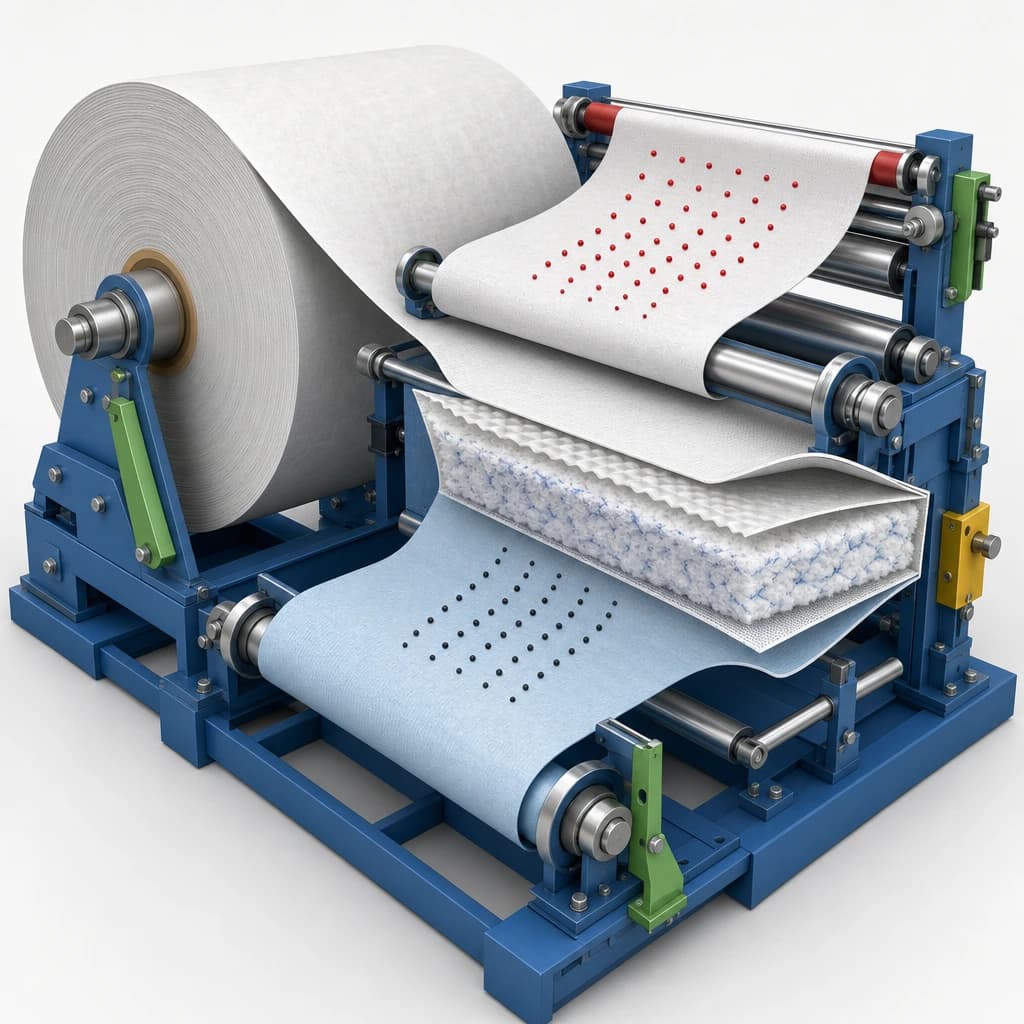 Generated split/cutaway of a large raw-material unwind roll feeding dual wrap-sheet webs through guide rollers