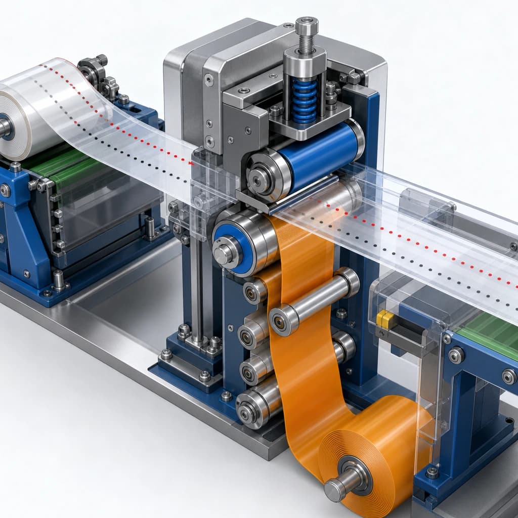 Generated split/cutaway of surge material and liner merging through cutter and guide rollers