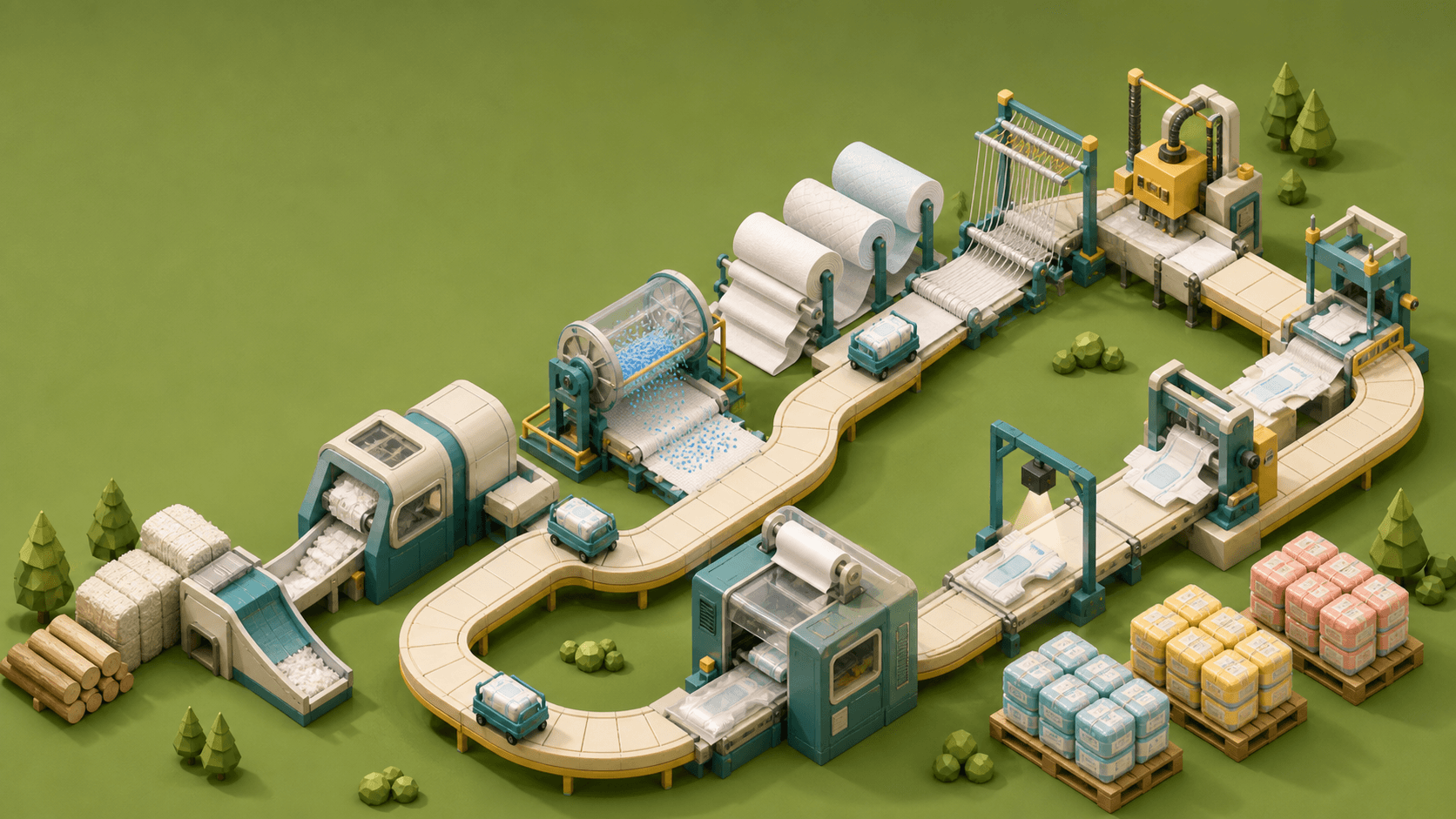 Low-poly miniature diaper factory with pulp bales, forming machines, layered-web rolls, a carrier cart, and outbound packs
