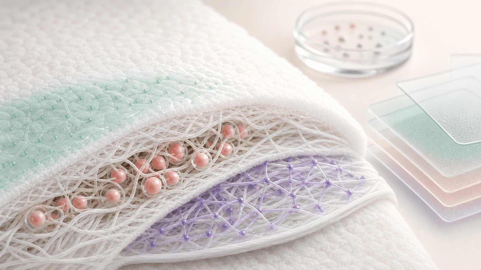 Soft nonwoven topsheet cutaway with experimental antimicrobial, probiotic and enzyme-inhibiting concept layers