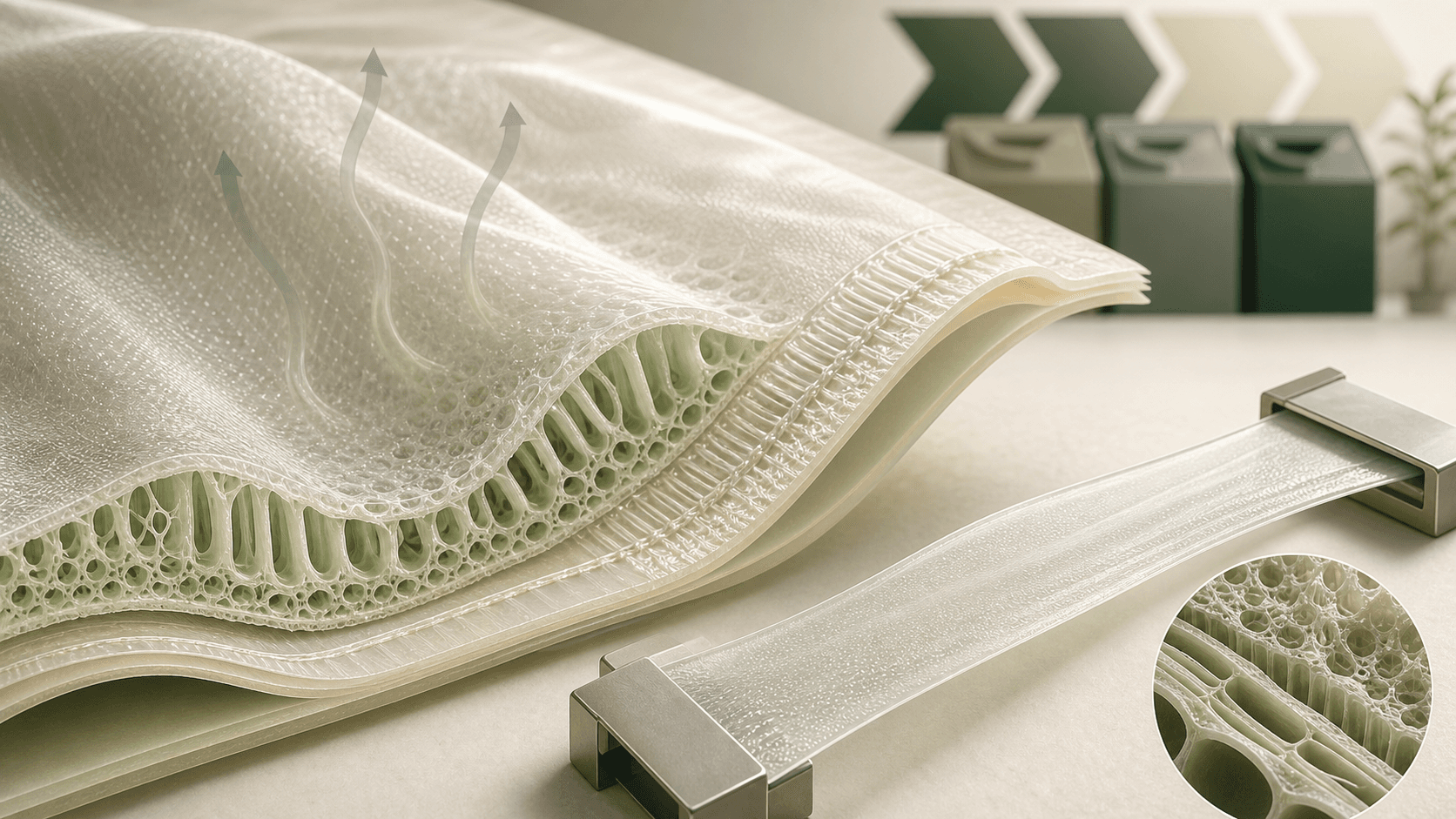 Cutaway of a breathable biodegradable backsheet membrane with sealed film and tensile-test strip