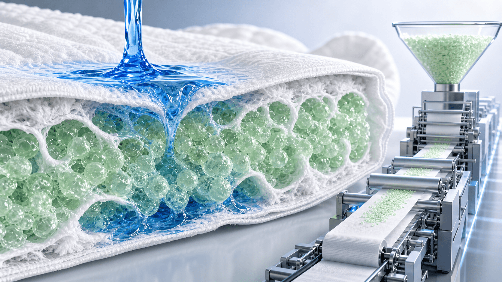 Bio-based SAP granules swelling in an absorbent core alongside direct use on a high-speed diaper production line