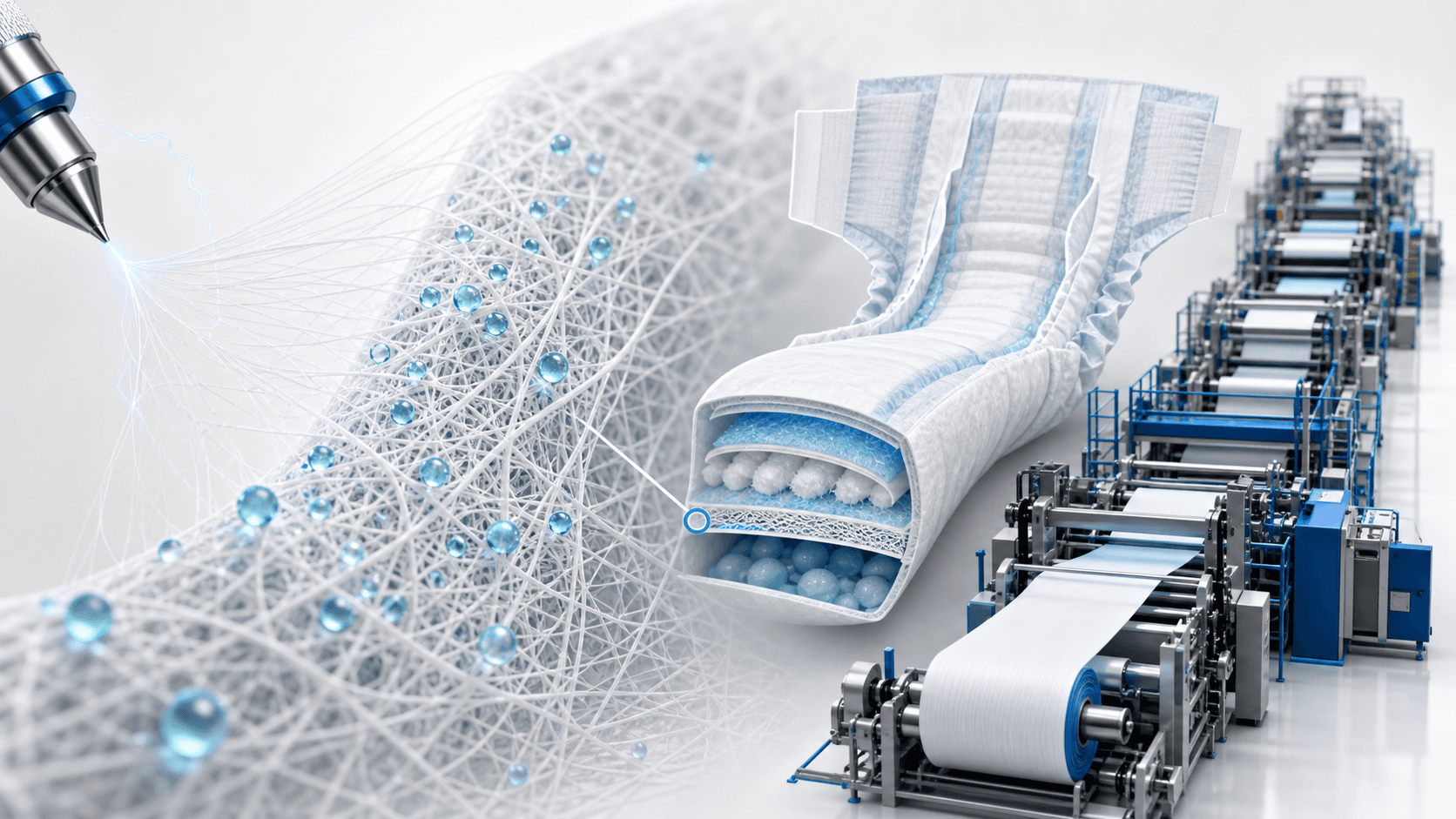 Electrospinning nozzle forming a nanofiber web beside a high-speed disposable hygiene manufacturing line