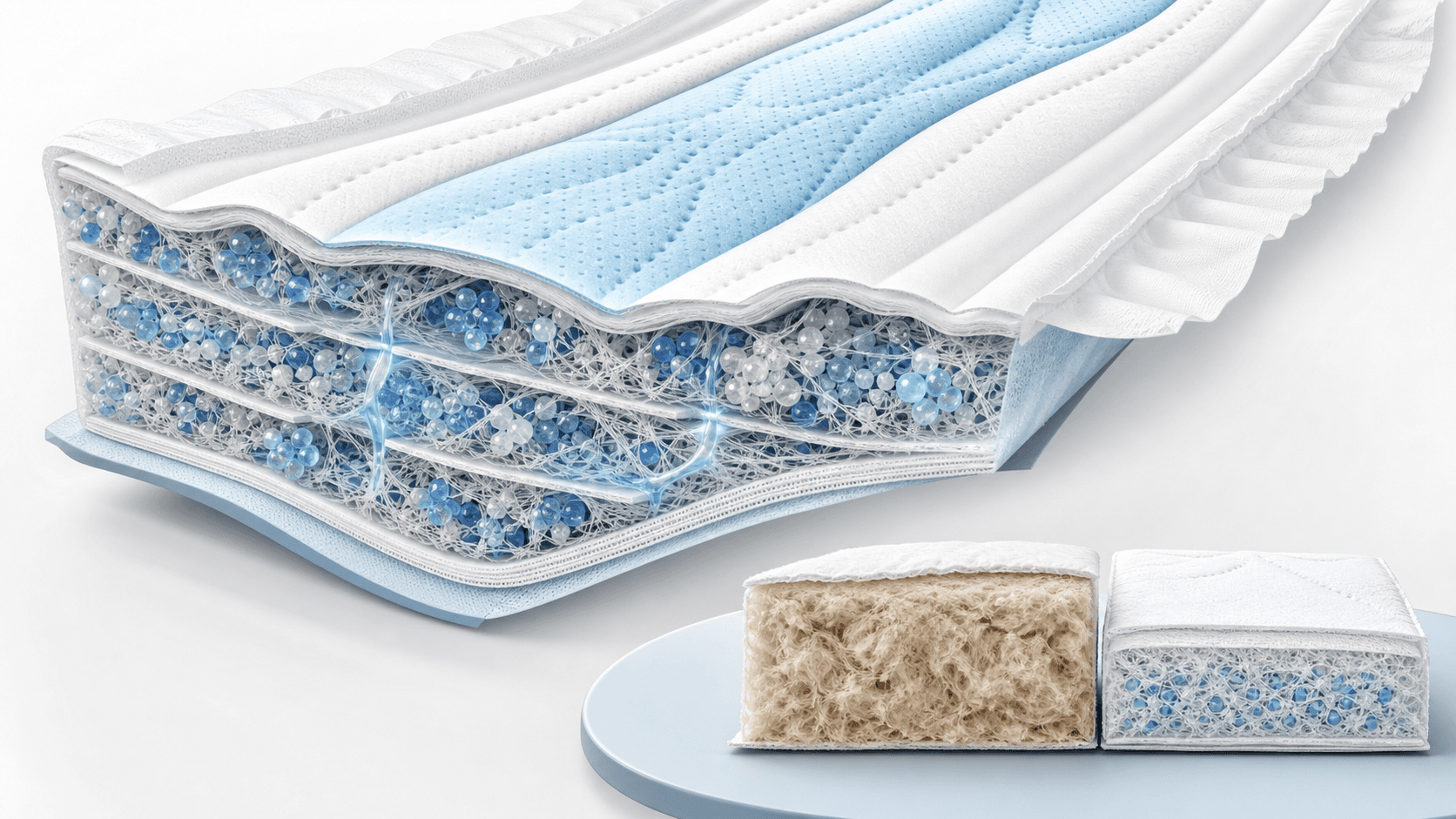 Cutaway of a thin absorbent core containing blue SAP particles held in a fibrous structure