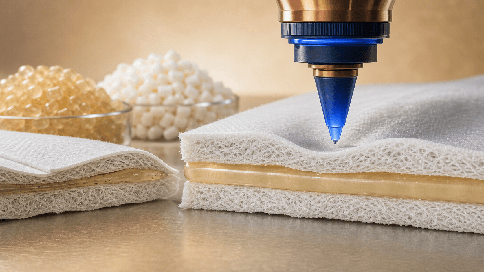 Low-temperature nozzle applying a continuous amber hot-melt adhesive bead between white nonwoven layers