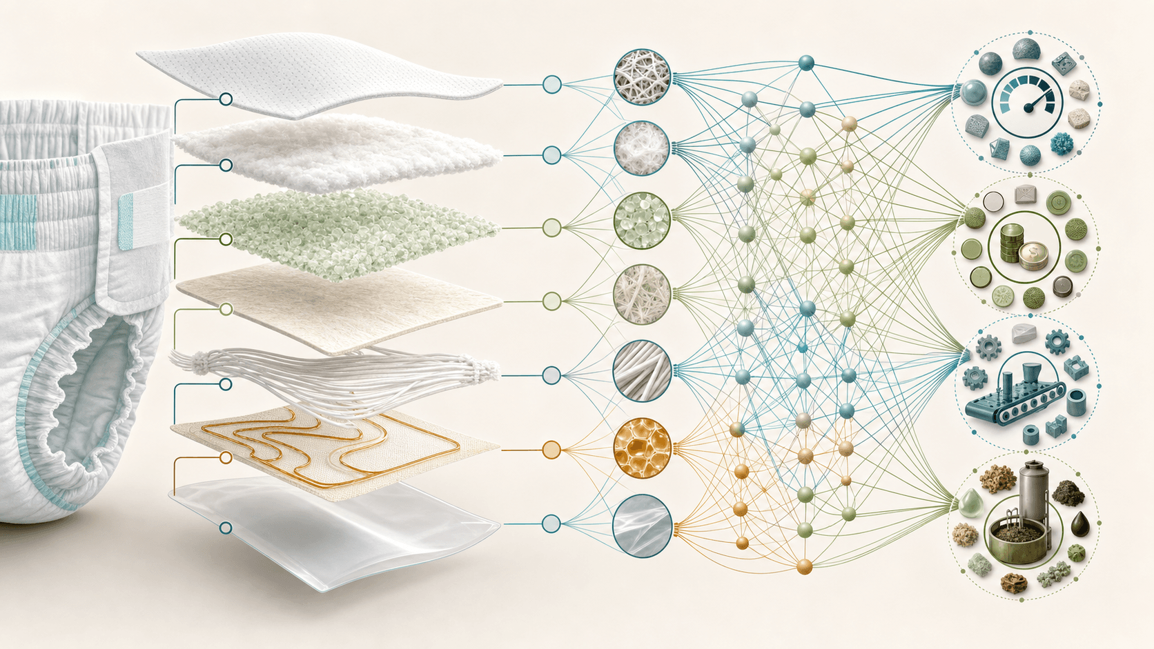Six replaceable diaper material modules alongside a tangled whole-product compostability system