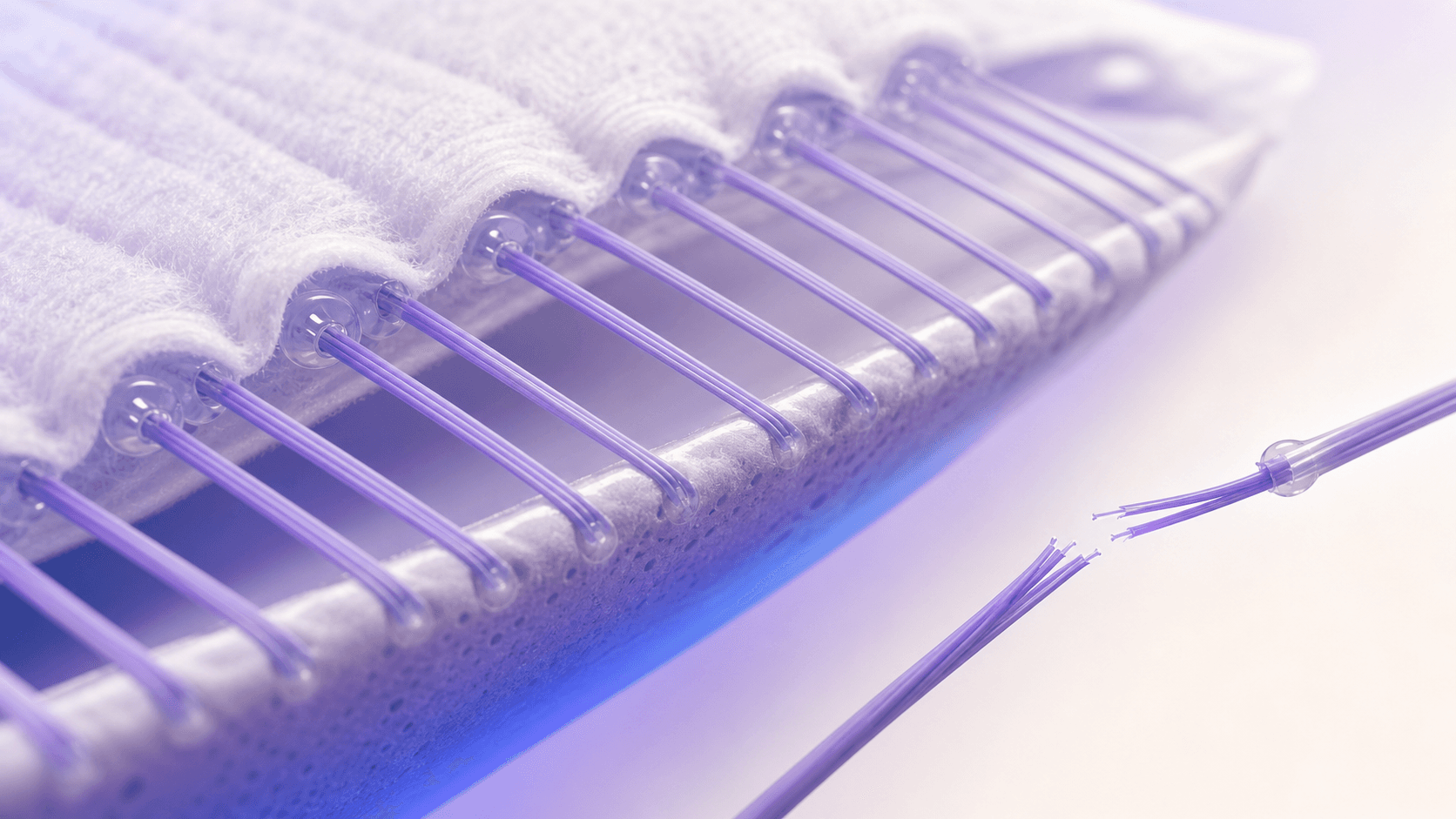 Ultra-fine purple elastic strands anchored with precise adhesive below a soft nonwoven edge, with one strand broken