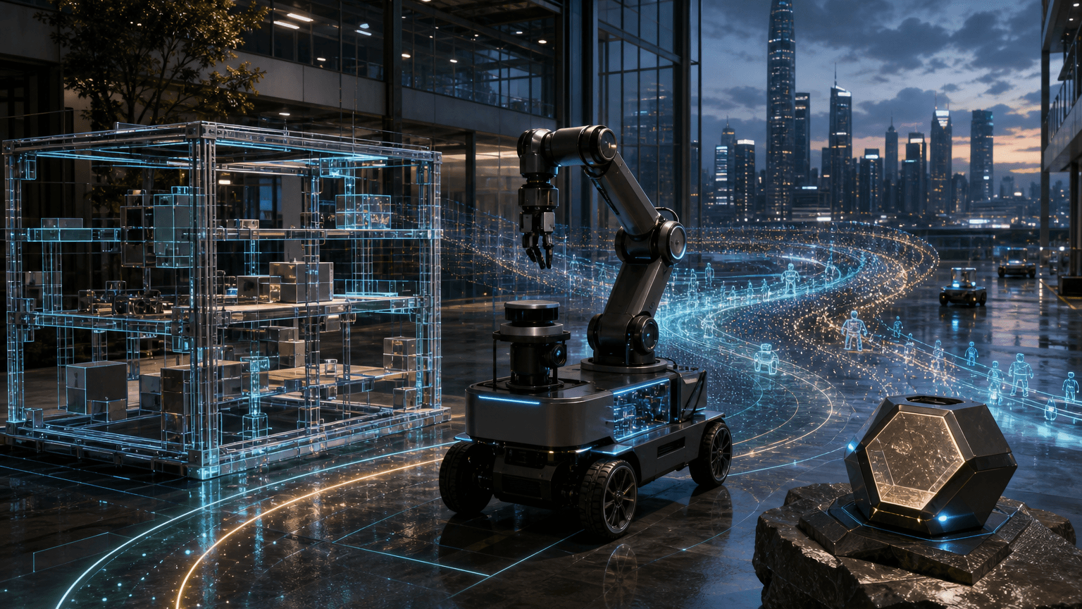 Cinematic concept image of a Shenzhen robotics research atrium where a generic mobile manipulator links software scaffolds, data-generation trails, and an edge accelerator stone through low-latency inference paths.