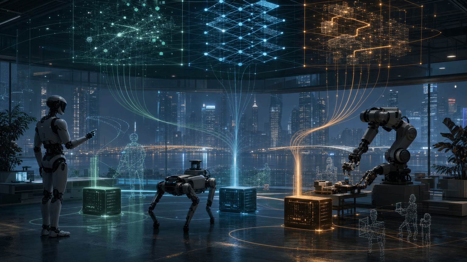 Cinematic concept image of a Shenzhen robotics research atrium where generic humanoid, quadruped, and bi-manual robot embodiments connect through glowing low-latency edge-inference paths.