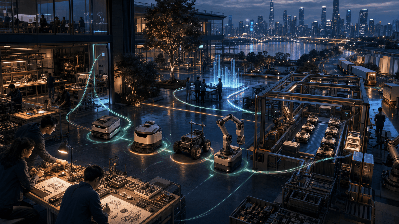 Cinematic concept image of a futuristic Songshan Lake robotics lab and smart factory where engineers, generic autonomous robots, glowing data trails, production cells, and a city skyline symbolize hardware incubation.