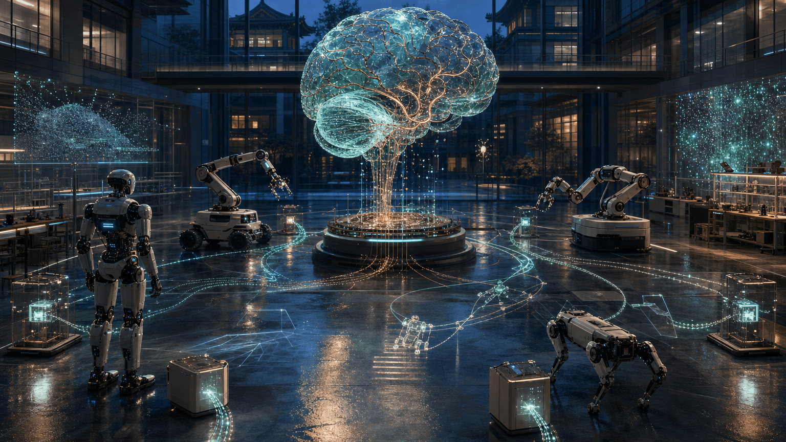 Cinematic concept image of a Beijing robotics research atrium where generic robot embodiments connect to a glowing brain-and-cerebellum lattice through local edge-inference paths.