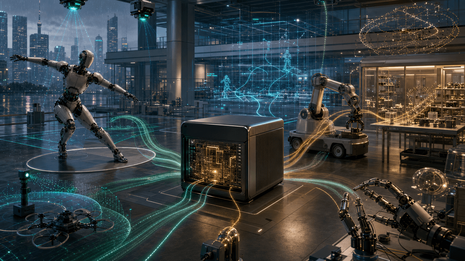 Cinematic concept image of a Shanghai robotics research atrium where generic robots, simulation arenas, synthetic data flows, and an edge-compute core are linked by glowing low-latency inference paths.