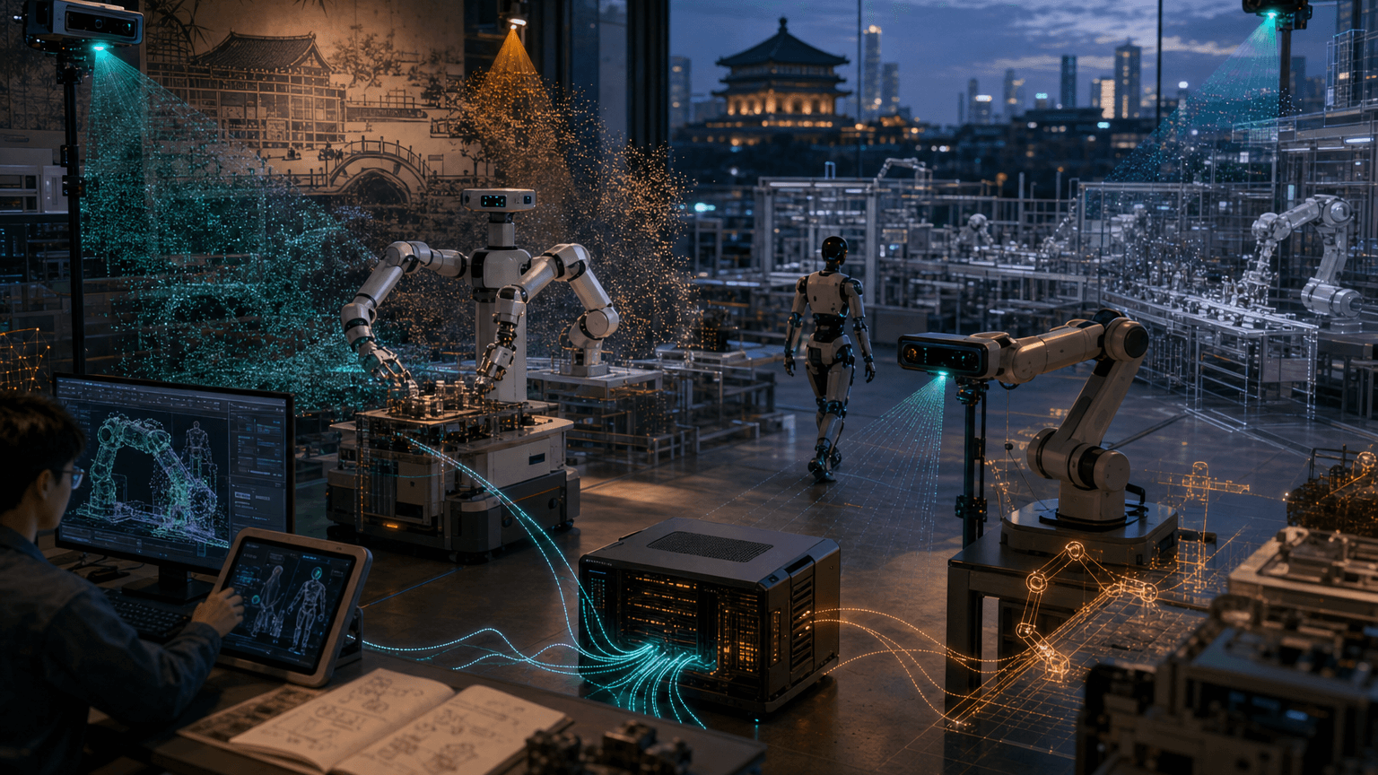 Futuristic Beijing robotics lab with generic humanoid and industrial robots, glowing 3D scanning beams, simulation overlays, and edge-compute paths connecting sensors to robot actions.