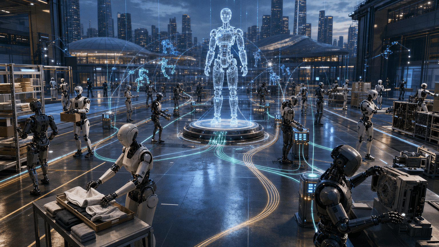 Cinematic concept image of a large Shanghai humanoid robotics training hall where many generic robot bodies practice shared atomic skills while glowing local edge-inference paths connect sensors, datasets, and control loops.