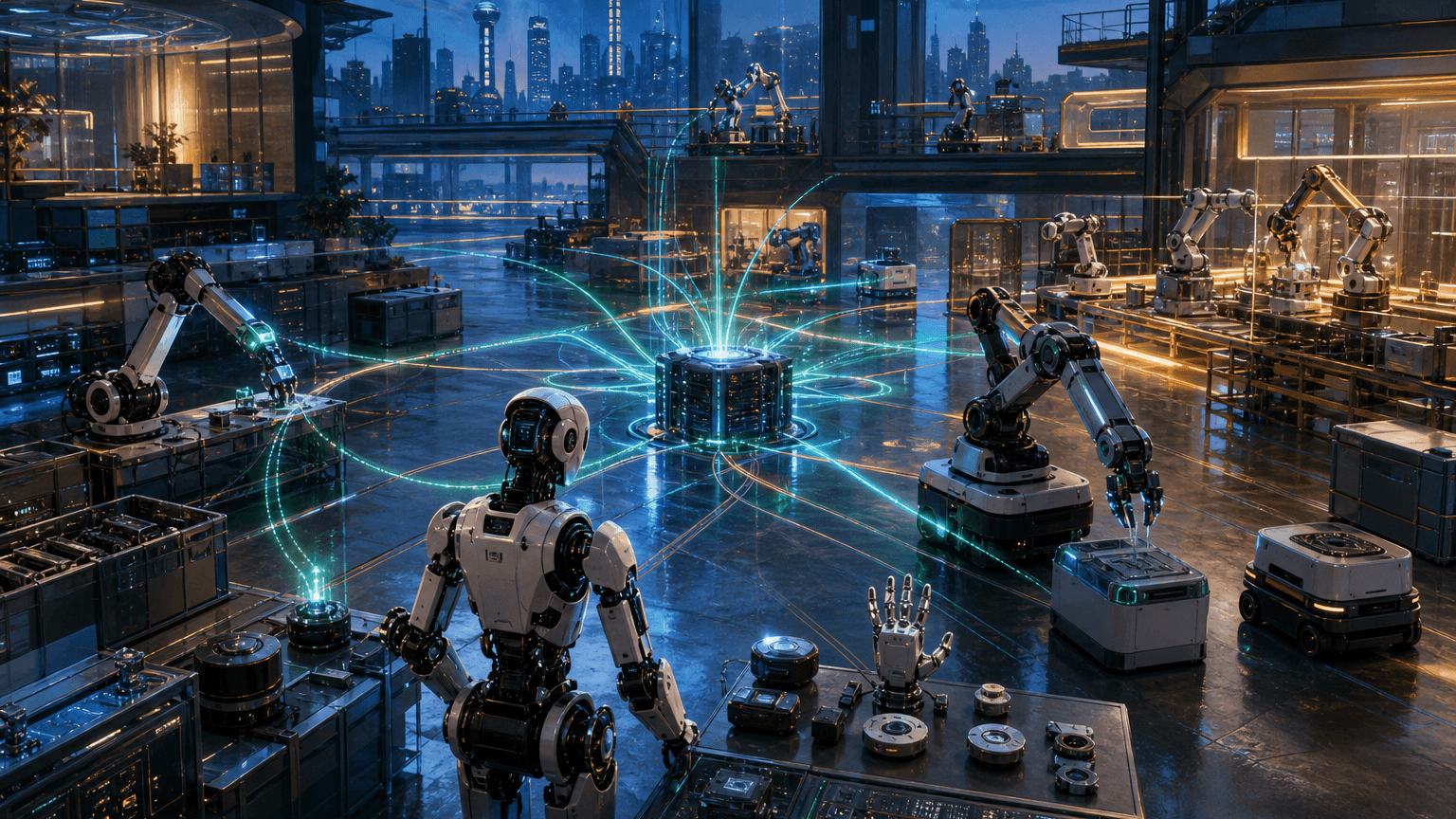 Cinematic concept image of a futuristic robotics workshop where generic robots, flexible manufacturing lanes, sensor modules, and glowing edge-inference paths converge into a private compute hub.