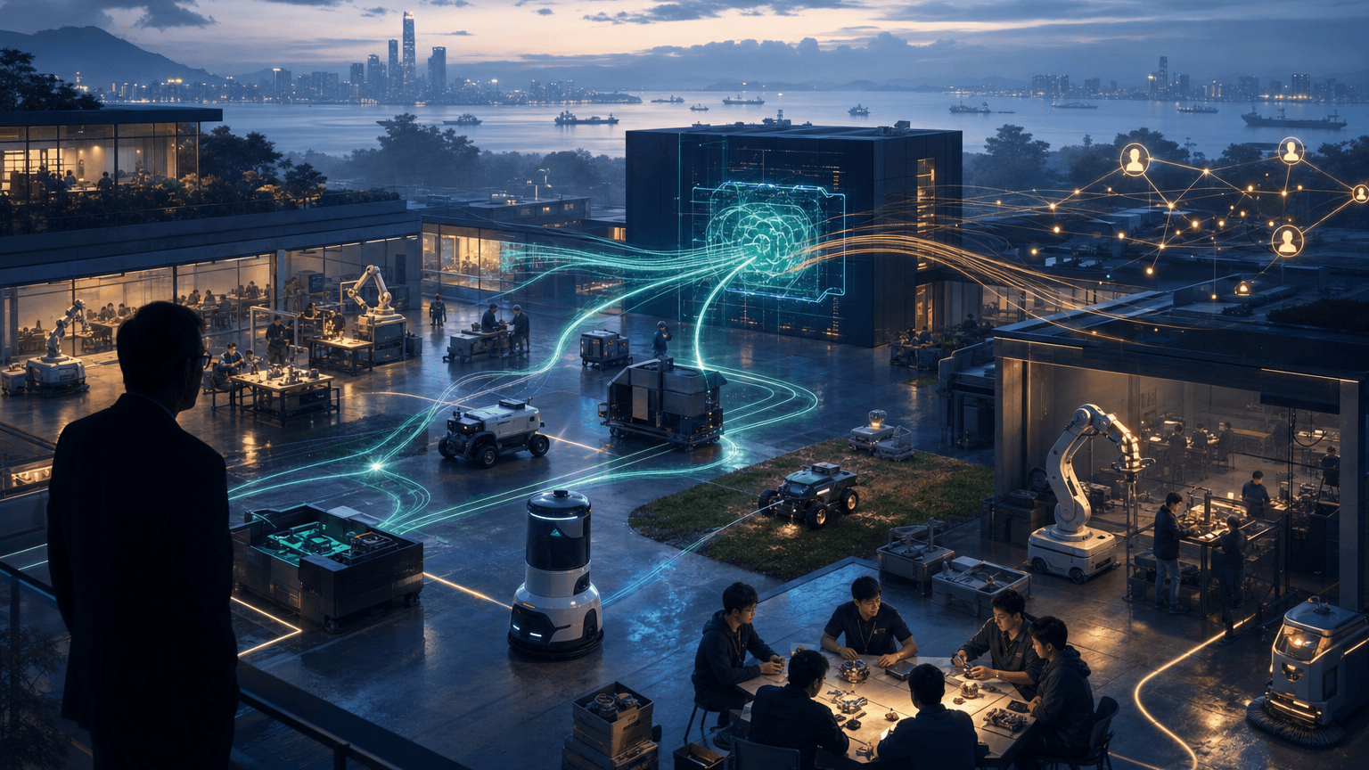 Cinematic concept image of a Songshan Lake robotics incubator campus where founders, generic robots, supplier benches, and glowing edge-inference paths converge into a manufacturing-ready network.