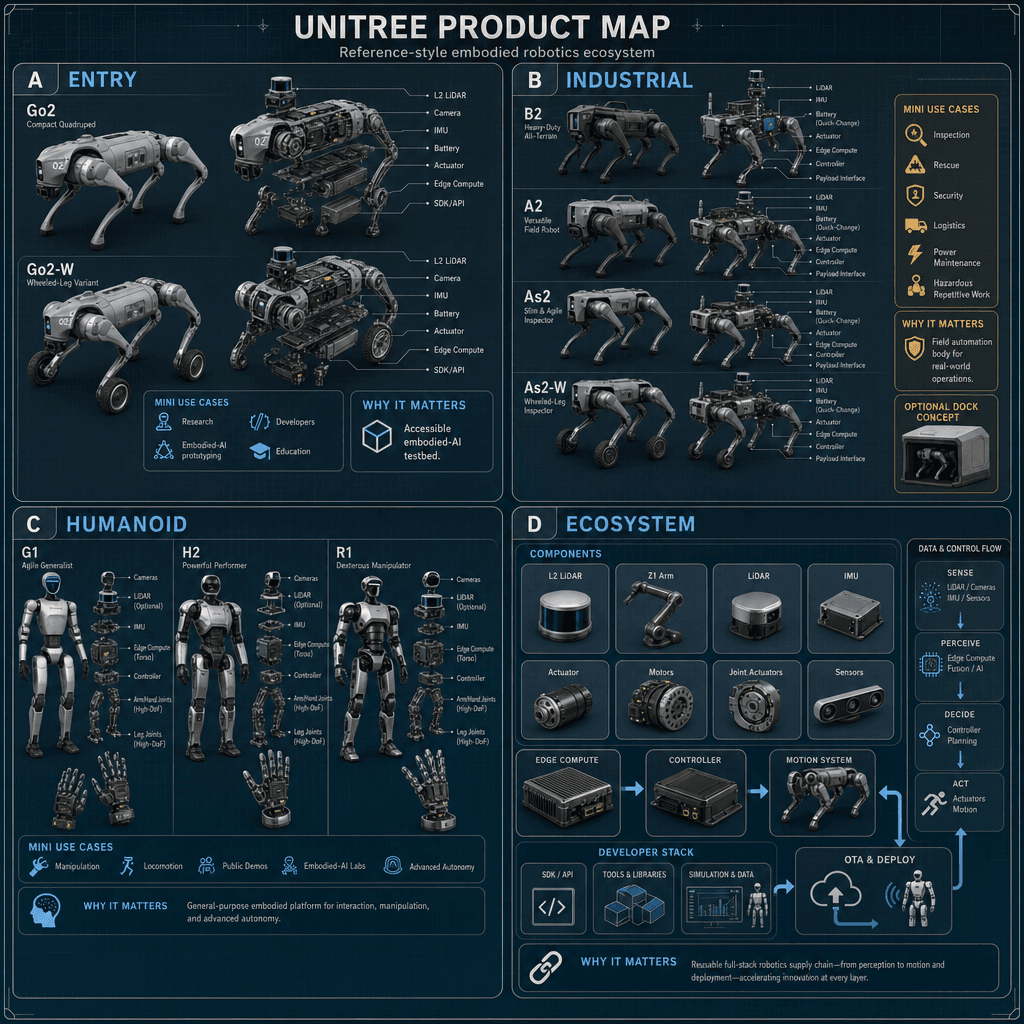 Illustrative square reference-style product map infographic for Unitree, showing entry quadrupeds, industrial platforms, humanoids, and component/software ecosystem as an engineering handbook page.