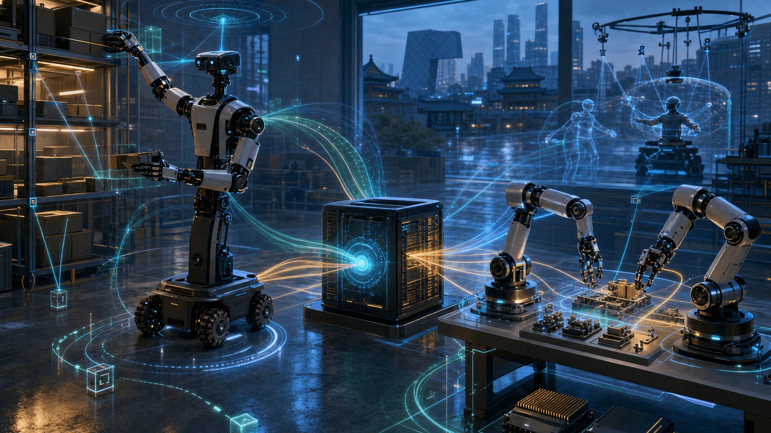 Cinematic concept image of a Beijing robotics lab where a generic dual-arm mobile manipulator, force-controlled robot arms, and glowing edge-compute core exchange camera, LiDAR, force-sensor, teleoperation, and policy-serving streams.