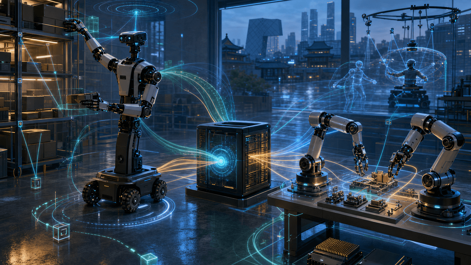 Cinematic concept image of a Beijing robotics lab where a generic dual-arm mobile manipulator, force-controlled robot arms, and glowing edge-compute core exchange camera, LiDAR, force-sensor, teleoperation, and policy-serving streams.