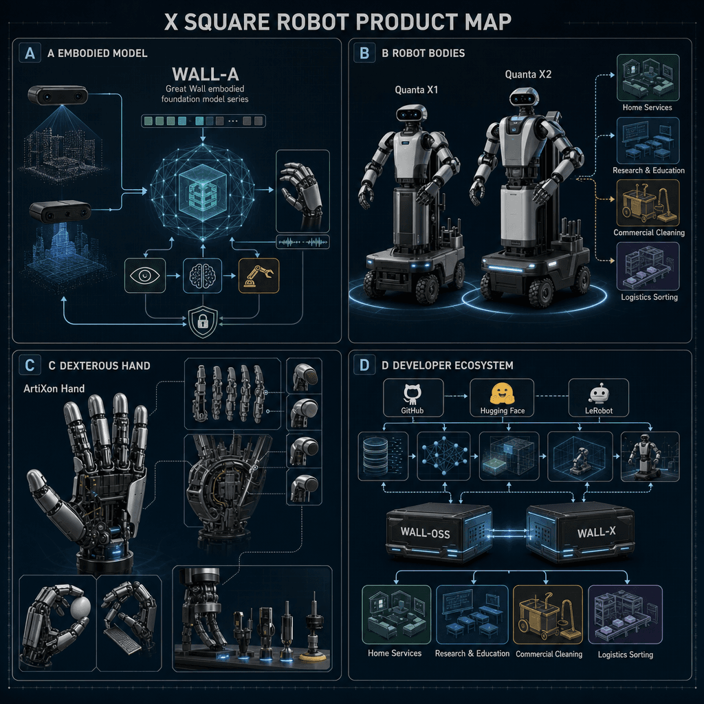 Illustrative square reference-style product map infographic for X Square Robot / Variable Robotics, showing WALL-A, Quanta X1/X2, ArtiXon Hand, and WALL-OSS/WALL-X developer ecosystem as an engineering handbook page.