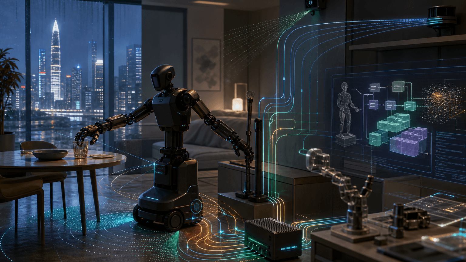 Cinematic illustration of an unbranded wheeled humanoid in a Shenzhen apartment-service lab, with glowing sensor streams flowing from cameras, LiDAR, tactile hands, and wheel odometry into a local edge-inference core.