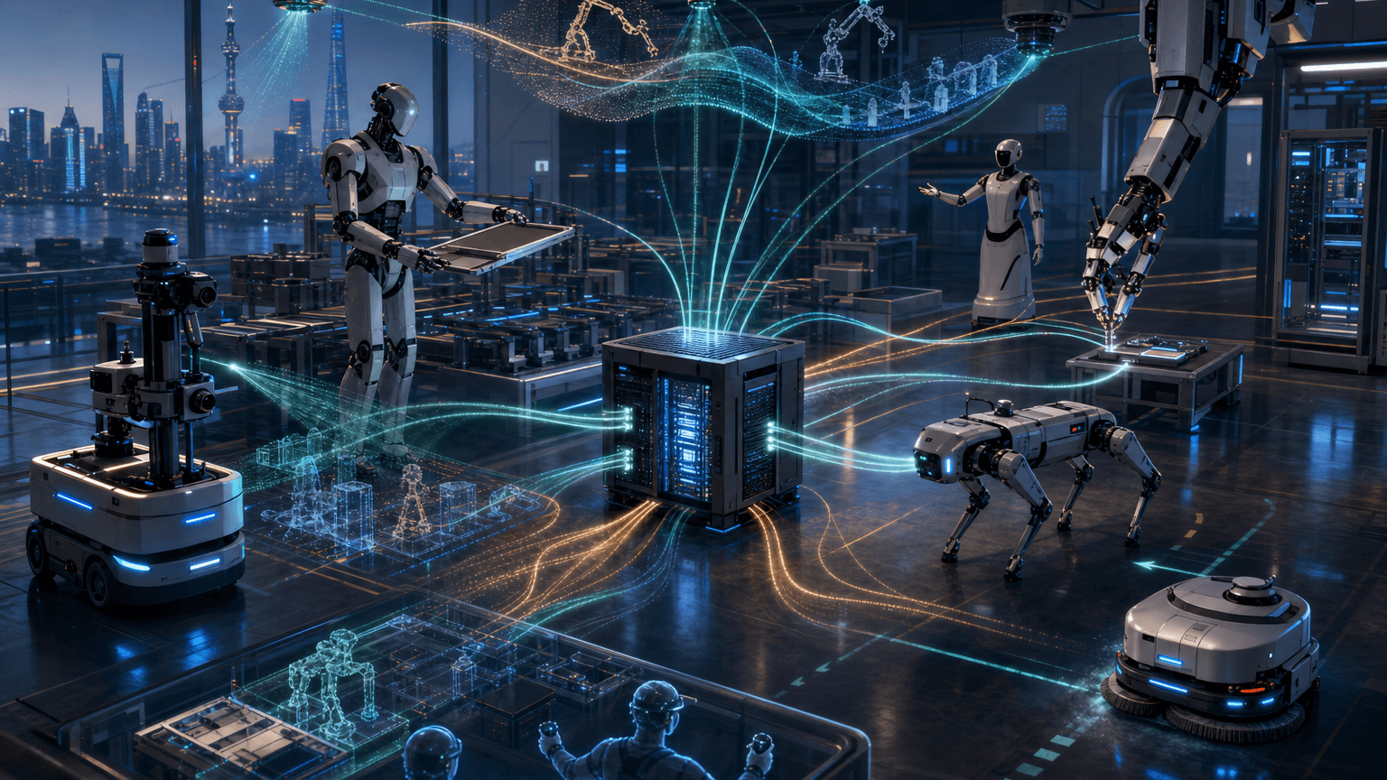 Cinematic concept-art view of a Shanghai precision-manufacturing robotics floor where generic humanoid, wheeled, quadruped, cleaning, and dexterous-hand systems connect through glowing sensor, force, simulation, dataset, and edge-inference paths.