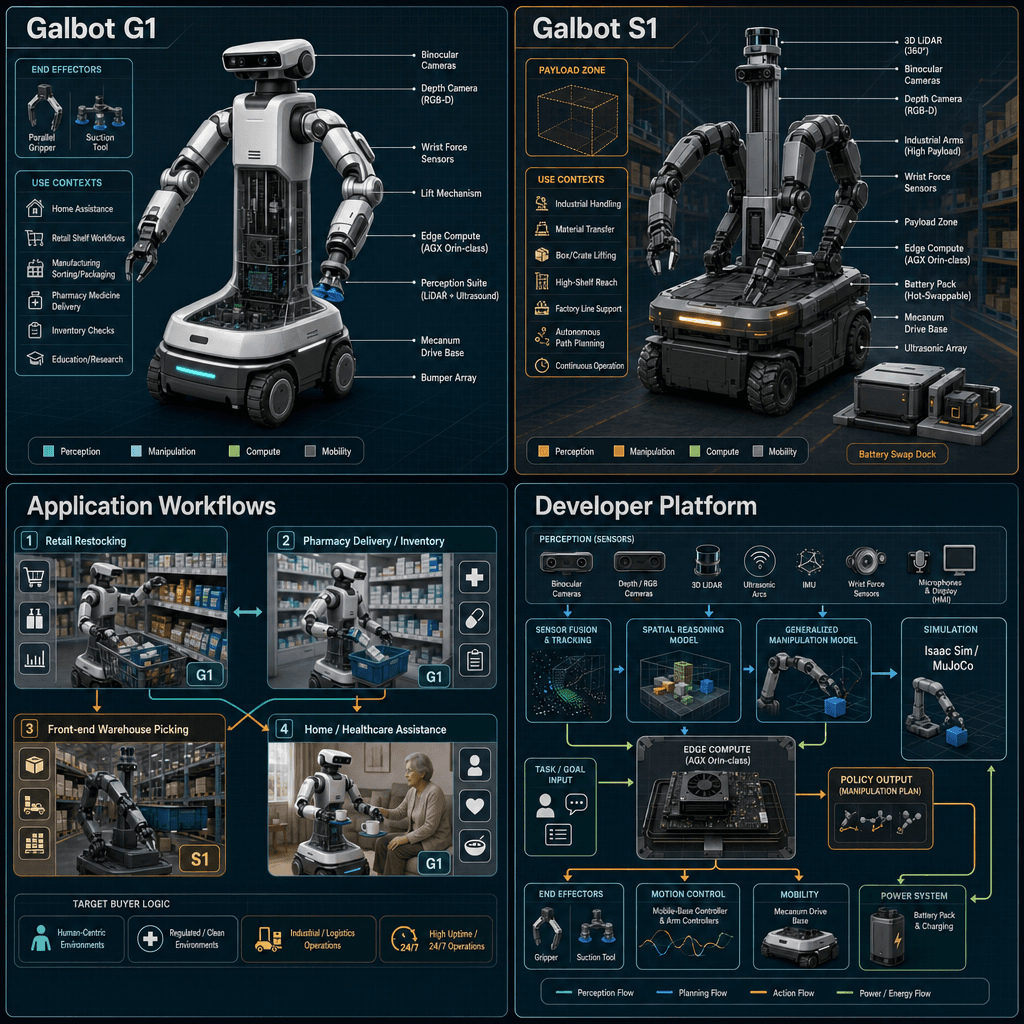 Illustrative square reference-style product map infographic for Galbot, showing G1 service mobile manipulation, S1 heavy-duty handling, application workflows, and embodied-AI subsystem stack as an engineering handbook page.