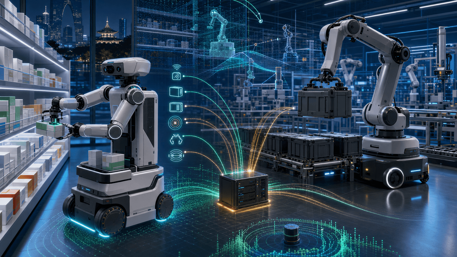 Cinematic concept-art panorama of a futuristic warehouse where generic mobile dual-arm robots handle pharmacy shelves and industrial crates while glowing sensor streams connect them to a private edge-inference core.