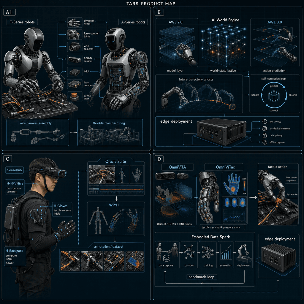 Illustrative square reference-style product map infographic for TARS Robotics, showing precision robot bodies, AWE world-model stack, human-centric data capture, and vision-touch-action ecosystem as an engineering handbook page.