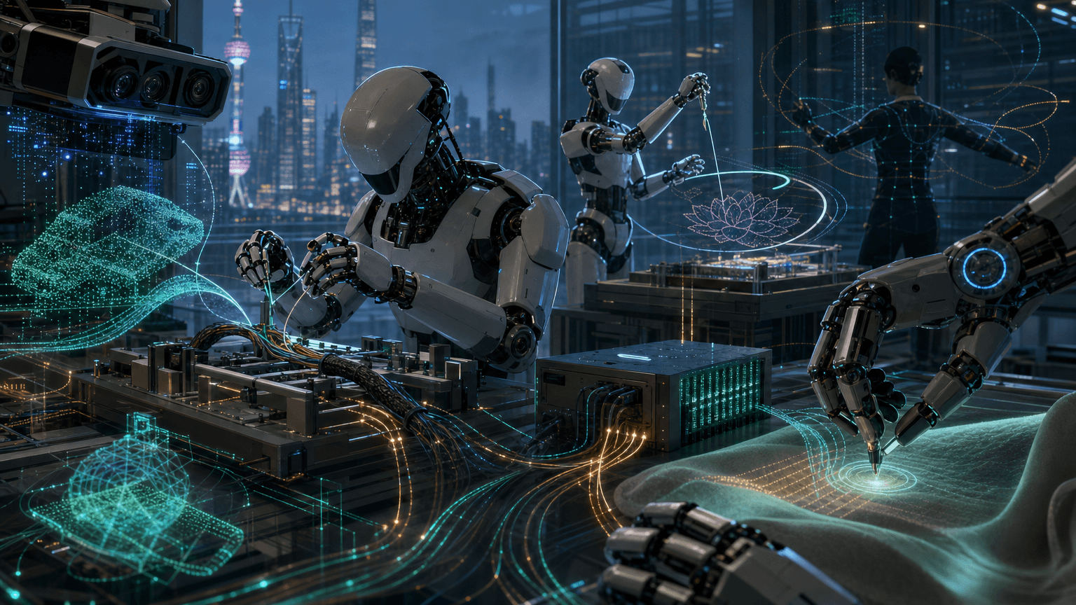 Futuristic robotics lab at night where generic humanoid robots manipulate flexible wire harnesses and glowing tactile data streams inside a Shanghai precision-manufacturing workcell.