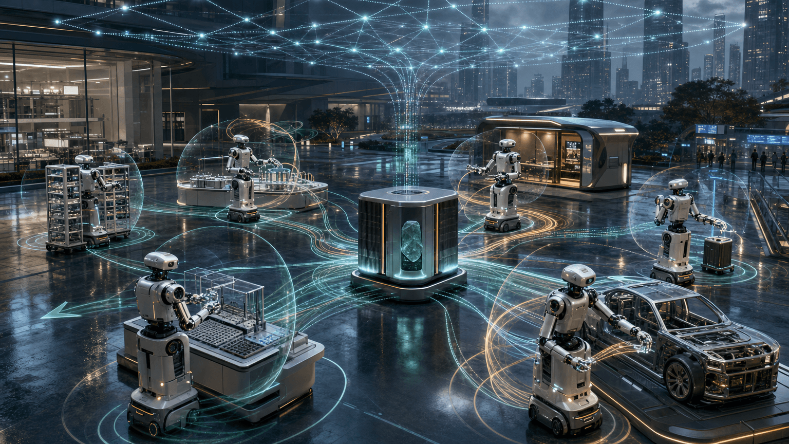 Cinematic concept-art view of unbranded wheeled dual-arm robots connected to a glowing local edge-inference core across semiconductor, biotech, service, and assembly stations in Shenzhen.