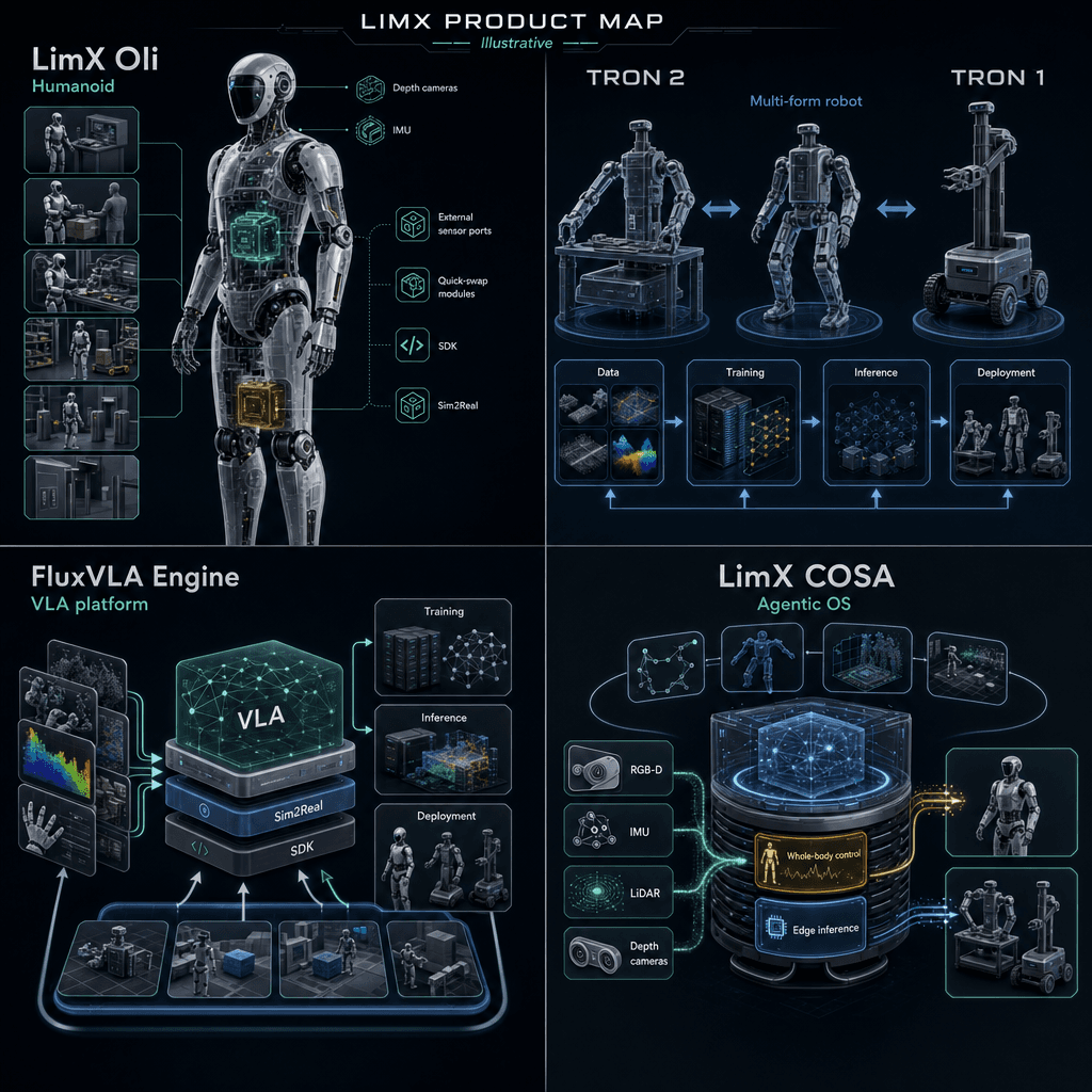 Illustrative square reference-style product map infographic for LimX Dynamics, showing LimX Oli humanoid platform, TRON multi-form robots, FluxVLA Engine, and LimX COSA edge-inference ecosystem as an engineering handbook page.