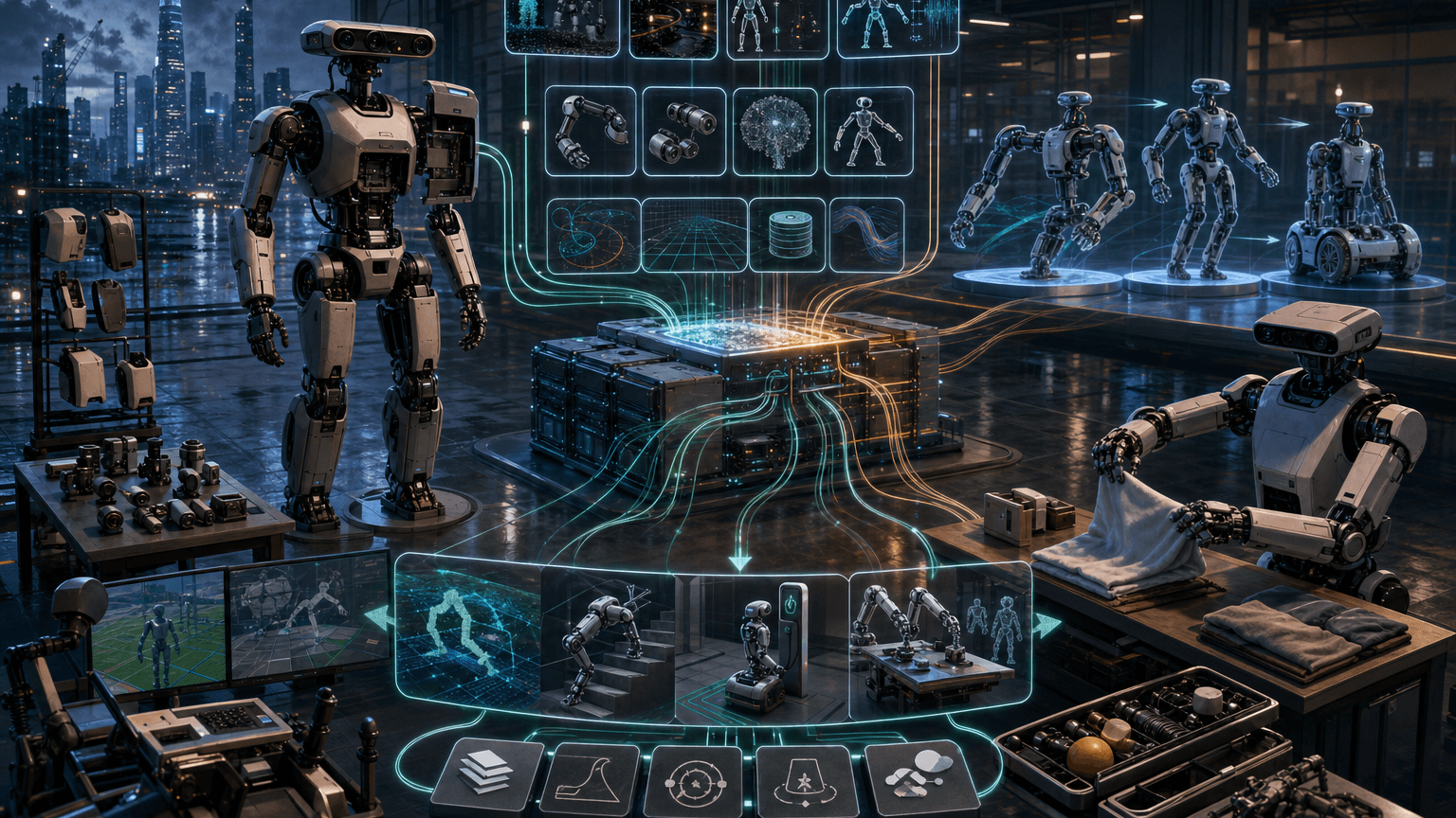 Cinematic concept image of a Shenzhen robotics workshop where generic humanoid and tri-form modular robots connect through glowing sensor, simulation, dataset, VLA, and edge-compute paths.