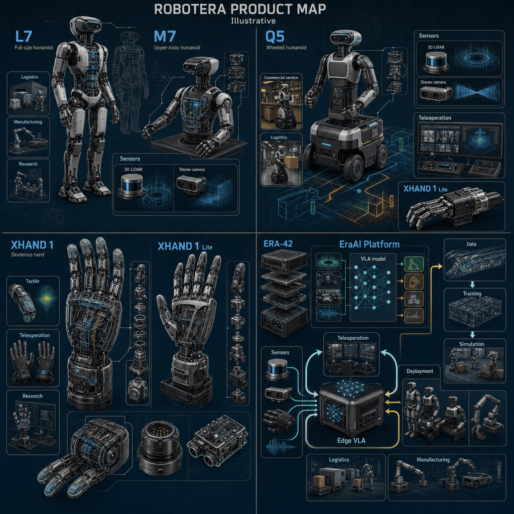 Illustrative square reference-style product map infographic for Robot Era / ROBOTERA, showing L7/M7 humanoids, Q5 wheeled service humanoid, XHAND dexterous hands, and ERA-42 / EraAI embodied-AI stack as an engineering handbook page.