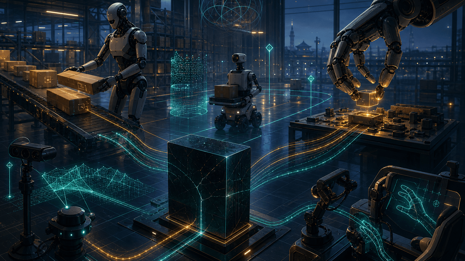 Cinematic concept art of a Beijing robotics logistics hall with unbranded humanoid and wheeled robots, robotic hands, glowing sensor streams, and a local edge-inference monolith coordinating warehouse actions.