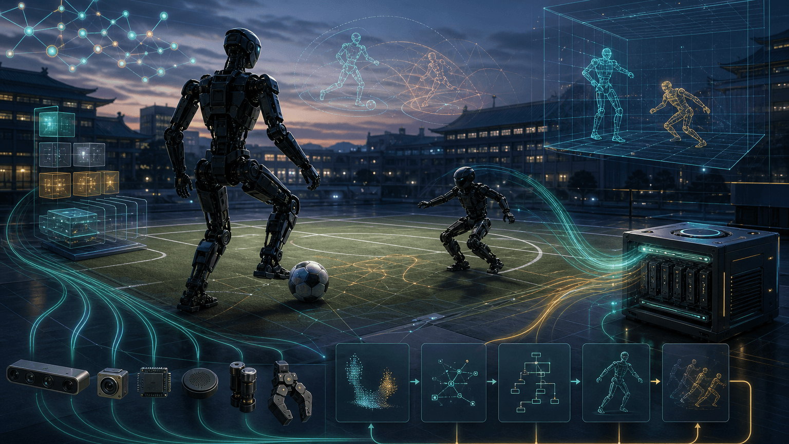 Cinematic concept art of an unbranded adult humanoid and smaller education humanoid training on a wet robot-soccer field, with glowing sensor streams, simulation overlays, and a local edge-inference core.