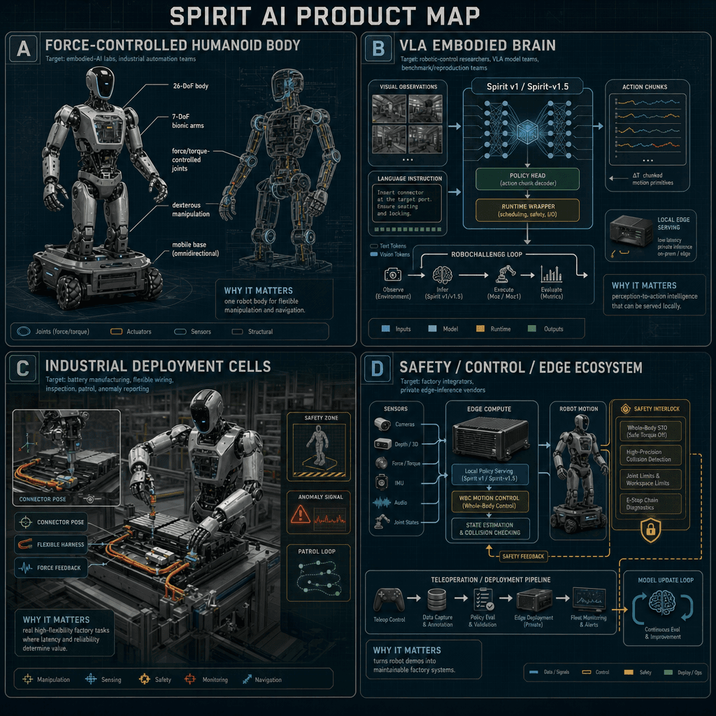Illustrative square reference-style product map infographic for Spirit AI, showing the Moz/Moz1 humanoid body, Spirit-v1.5 VLA brain, industrial deployment cells, and safety/control/edge ecosystem as an engineering handbook page.