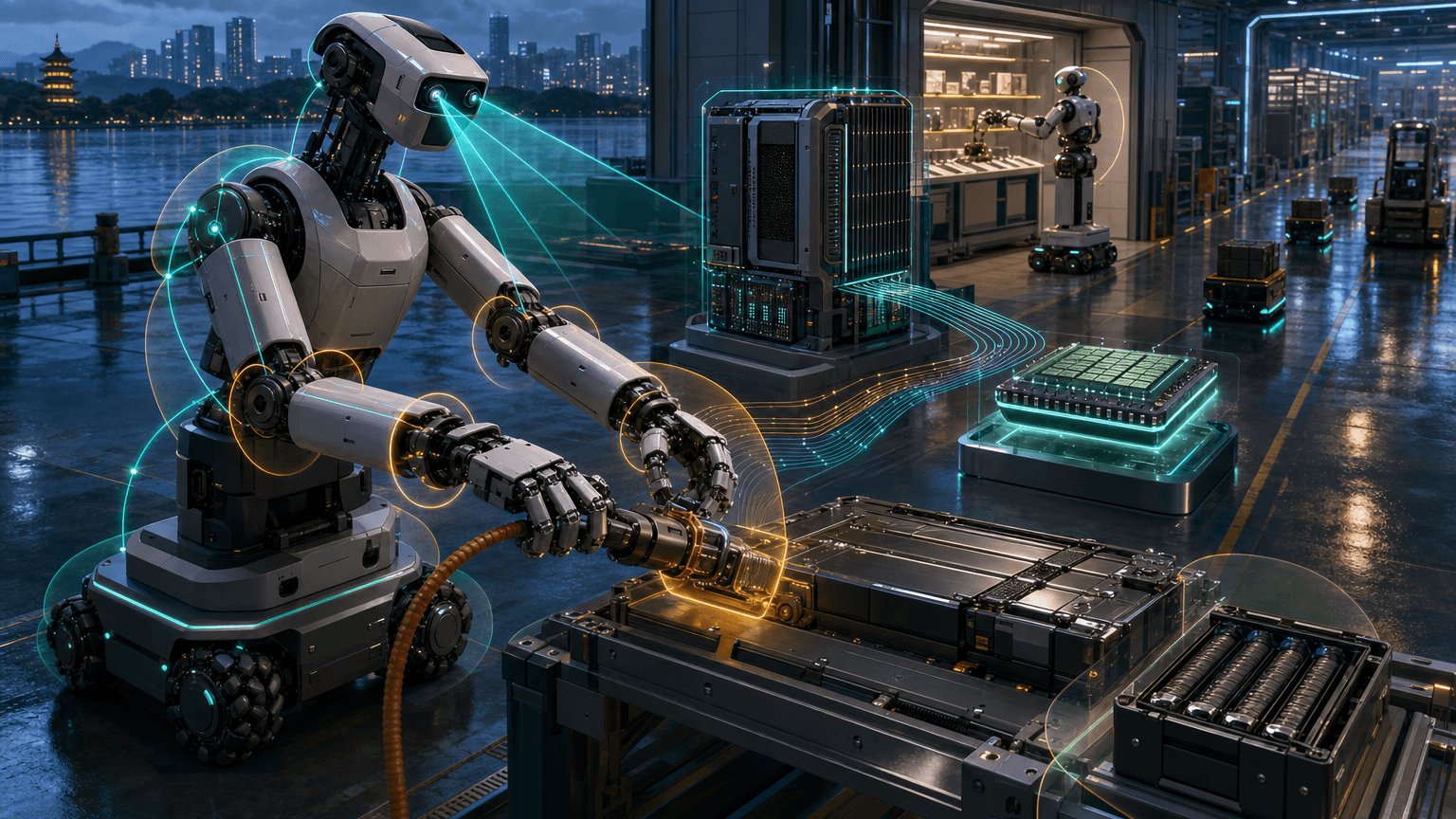 Concept-art factory scene with an unbranded force-controlled humanoid inserting a battery connector while sensor streams flow into a private edge-inference core.