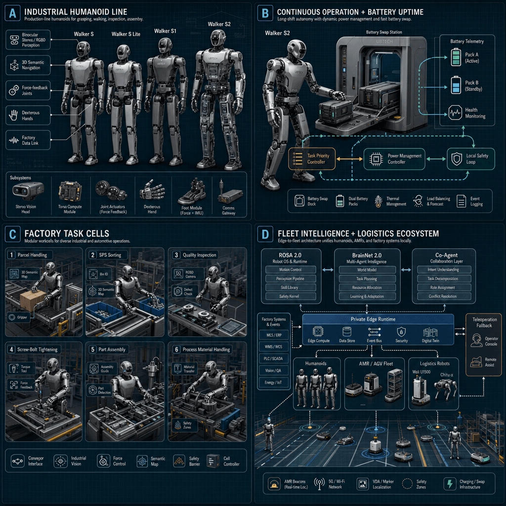 Illustrative square reference-style product map infographic for UBTECH, showing industrial humanoids, battery uptime, factory task cells, and fleet intelligence/logistics ecosystem as an engineering handbook page.