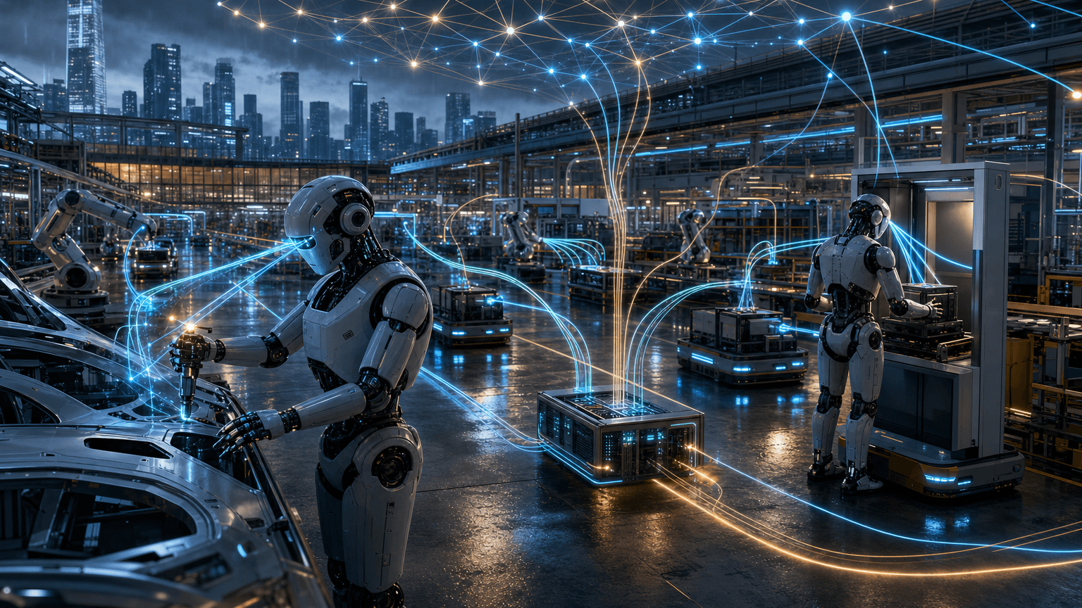 Cinematic concept-art smart factory with generic humanoid robots, AMR lanes, battery swapping, automotive workcells, and glowing sensor paths converging into a private edge-inference core.