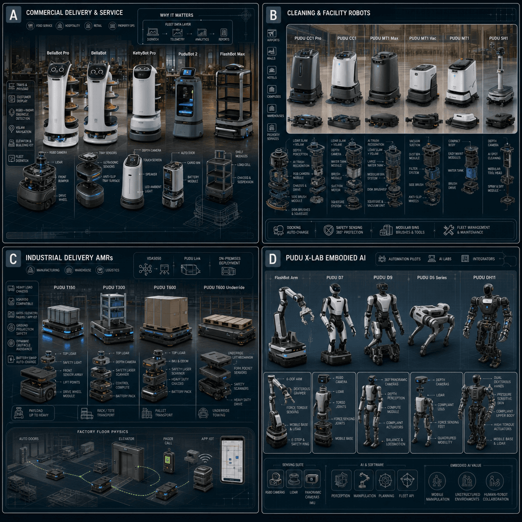 Illustrative square reference-style product map infographic for Pudu Robotics, showing commercial delivery, cleaning/facility robots, industrial AMRs, and Pudu X-Lab embodied-AI platforms as an engineering handbook page.