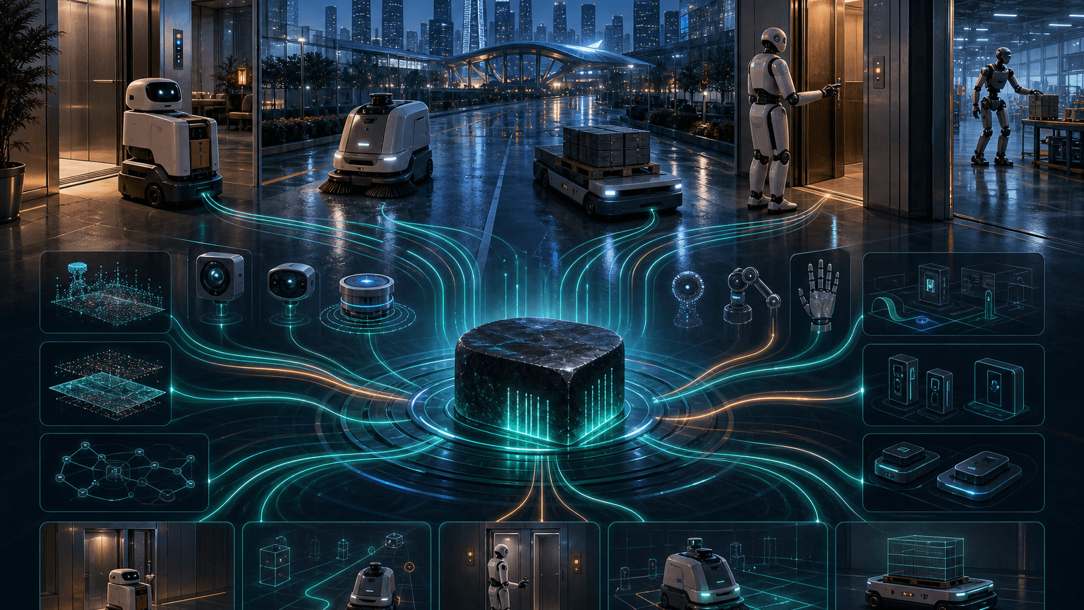 Cinematic concept image of a Shenzhen hotel-and-factory robotics concourse where generic service, cleaning, industrial AMR, semi-humanoid, and humanoid robots connect through glowing sensor and fleet-telemetry paths to a private edge-inference core.