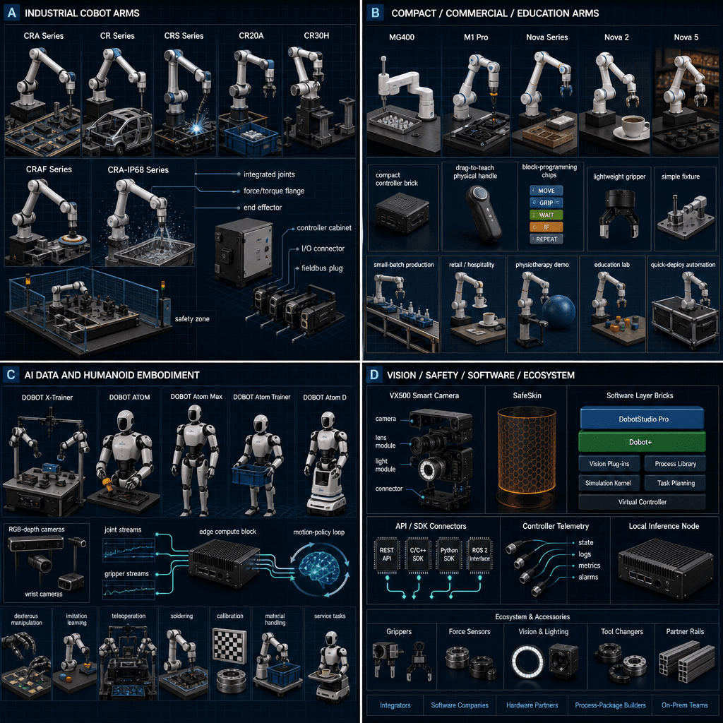 Illustrative square reference-style product map infographic for DOBOT, showing industrial cobot arms, compact/commercial arms, AI data and humanoid embodiment, and vision/safety/software ecosystem as an engineering handbook page.
