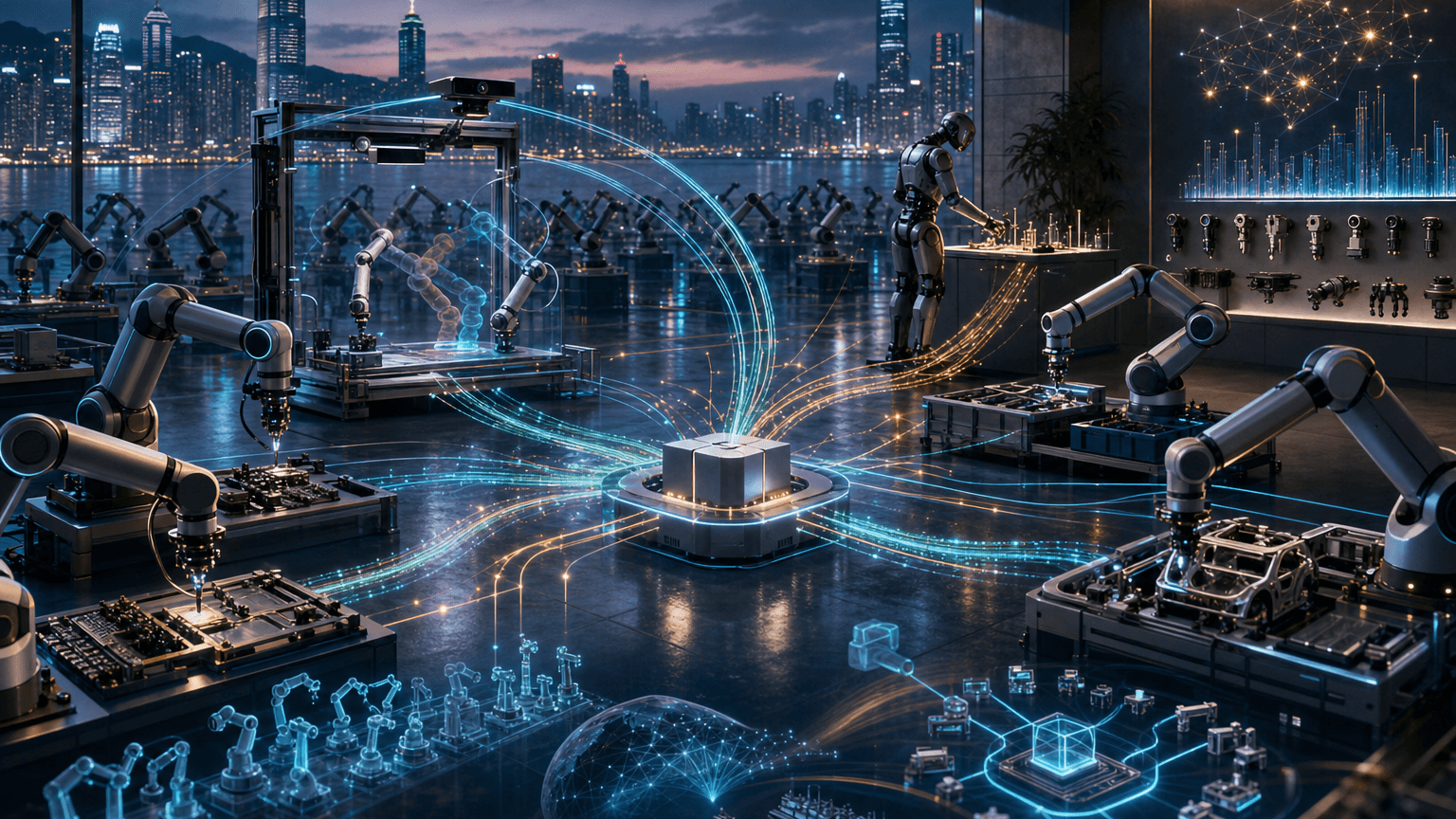 Cinematic concept image of a Shenzhen smart factory where unbranded collaborative robot arms, a dual-arm training rig, and a humanoid silhouette connect through glowing sensor, training-data, and edge-inference paths.